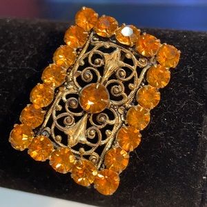 Antique Gold filled orange cadmium glass Art Deco rectangle brooch 1.5”